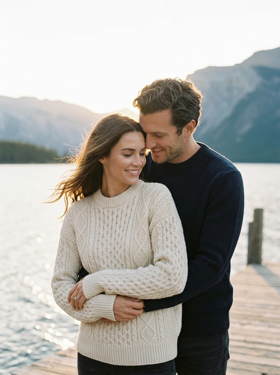 Amélie et Jonathan au ponton du lac au couchant